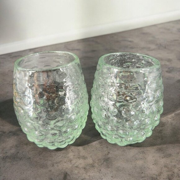 Hand Blown Stemless Drinking Cups Tumbler Set 2 Recycle Glass Green Tint Glasses - Picture 1 of 16